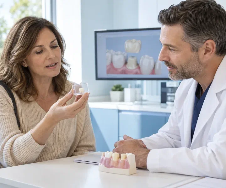 A patient discussing a detached dental crown and replacement options with a dentist