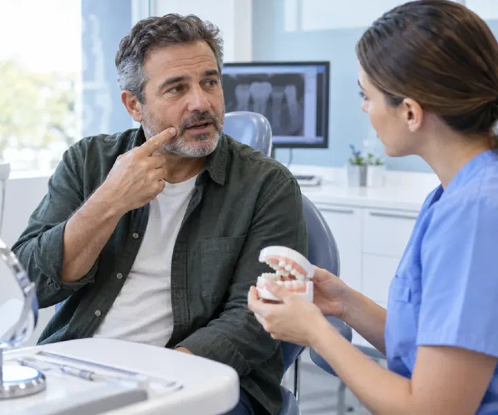 A dentist explaining treatment for a lost filling using a tooth model
