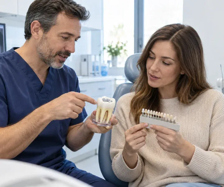 A patient discussing metal filling replacement choices with a dentist