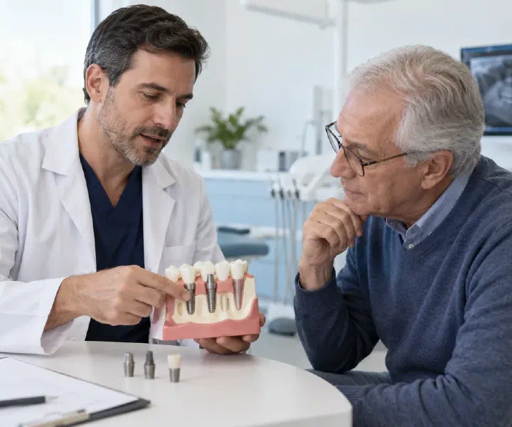 A dentist discussing small-diameter implant options with a patient and a dental model