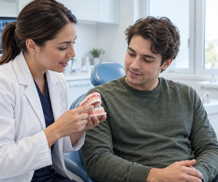 A dentist demonstrating a small tooth-position change on a dental model