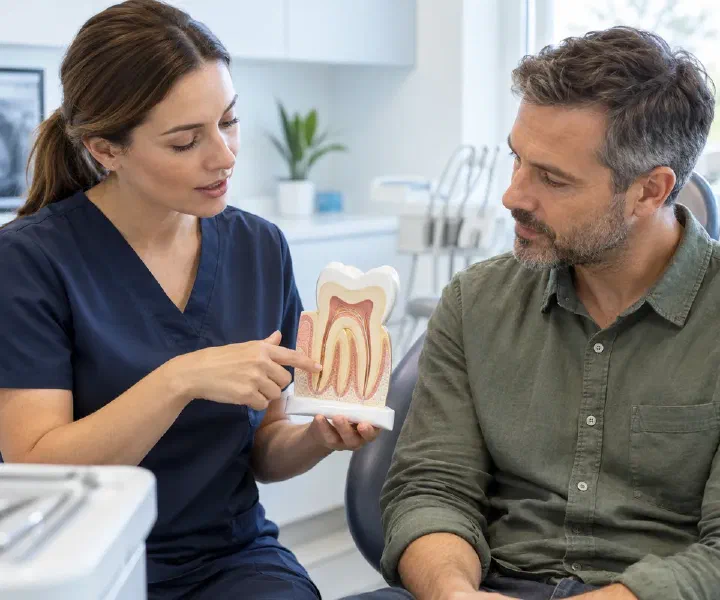 A dentist reviewing a molar root canal model with a patient