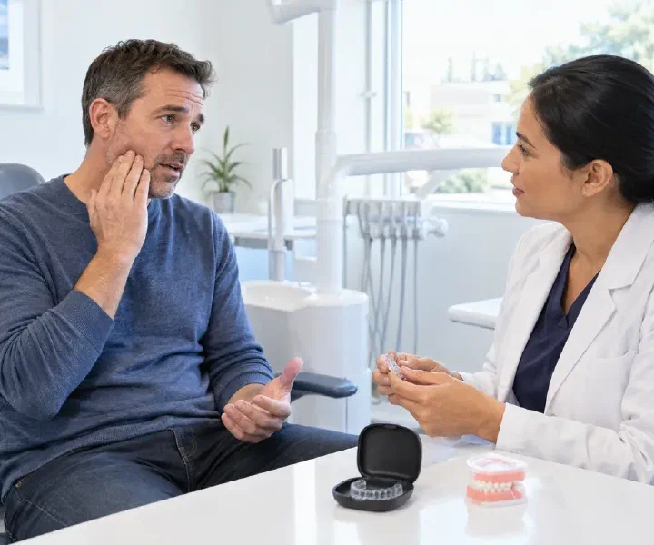 A patient discussing morning jaw stiffness with a dentist