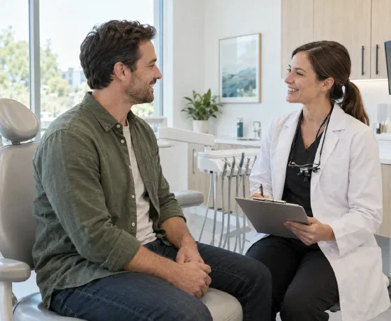 A new patient talking with a dentist beside a dental chair