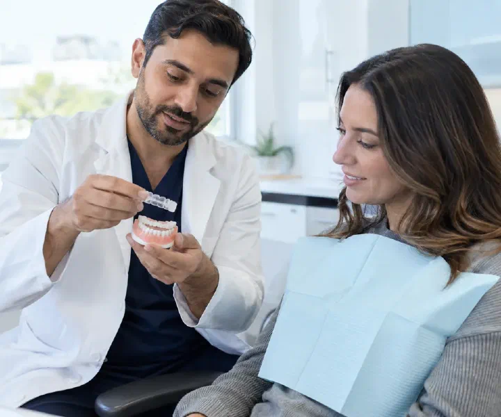 A dentist demonstrating a protective nightguard on a tooth model