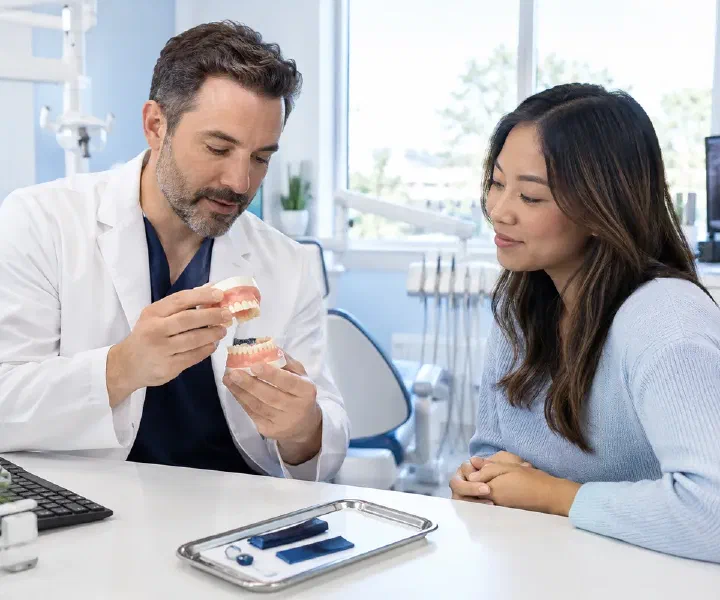 A dentist reviewing contacts on upper and lower tooth models with a patient