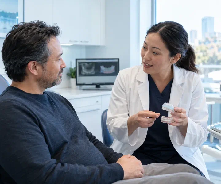 A dentist and patient discussing a custom sleep appliance and coordinated care