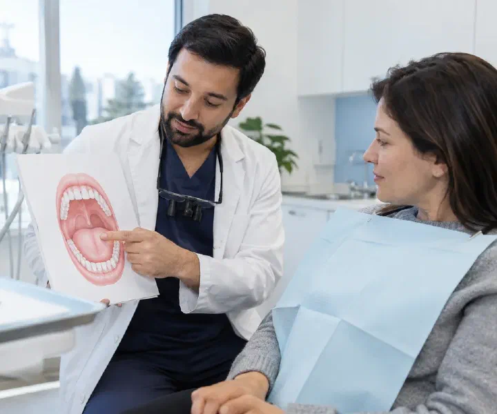 A dentist discussing an oral tissue finding with a patient using a mouth diagram