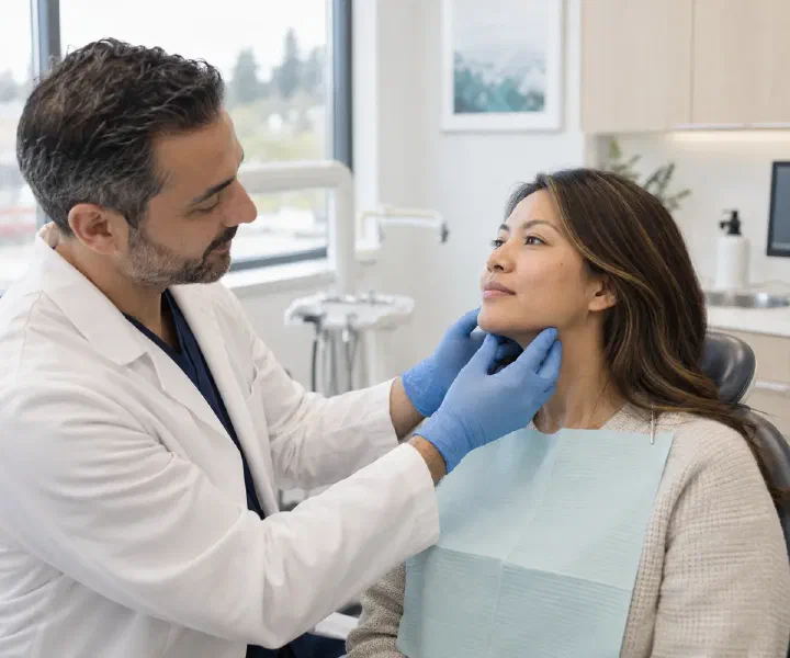 A dentist gently examining beneath a patient’s jaw
