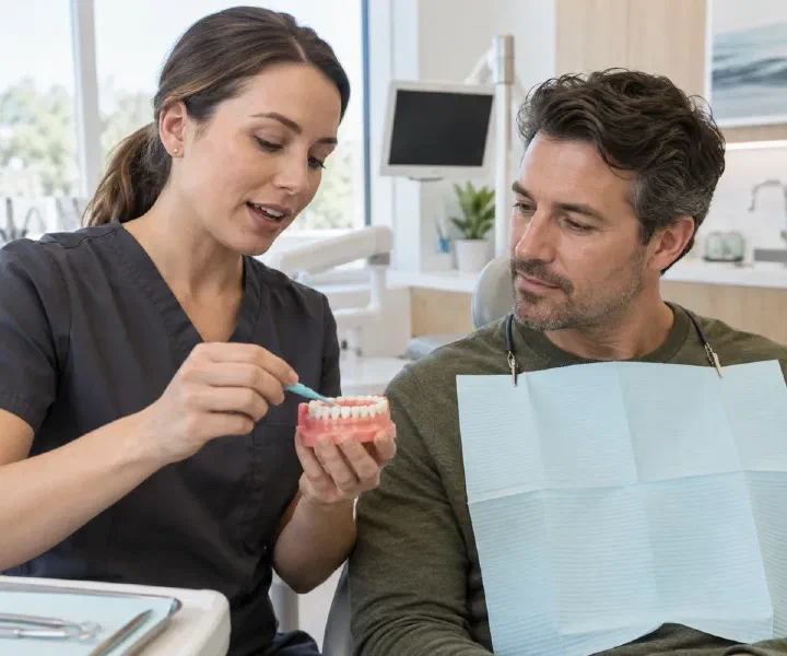 A hygienist demonstrating interdental cleaning on a dental model