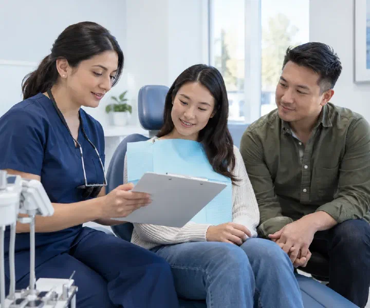A dentist reviewing sedation planning with a patient and a chosen support person