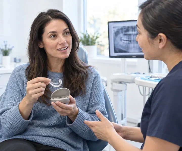 A patient discussing a changed retainer fit with a dentist