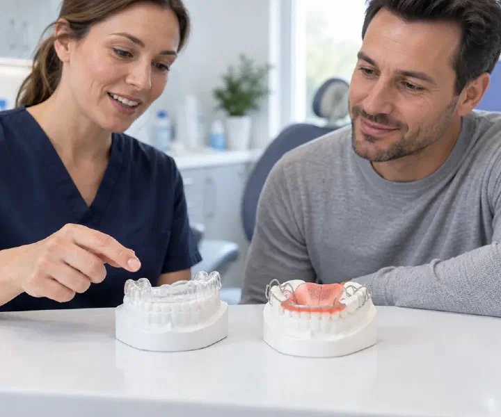 Clear and wire-and-acrylic retainers displayed with a dental model