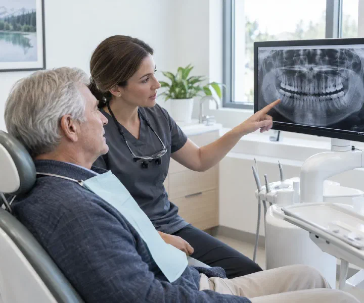 A clinician and patient reviewing a panoramic image of both jaws