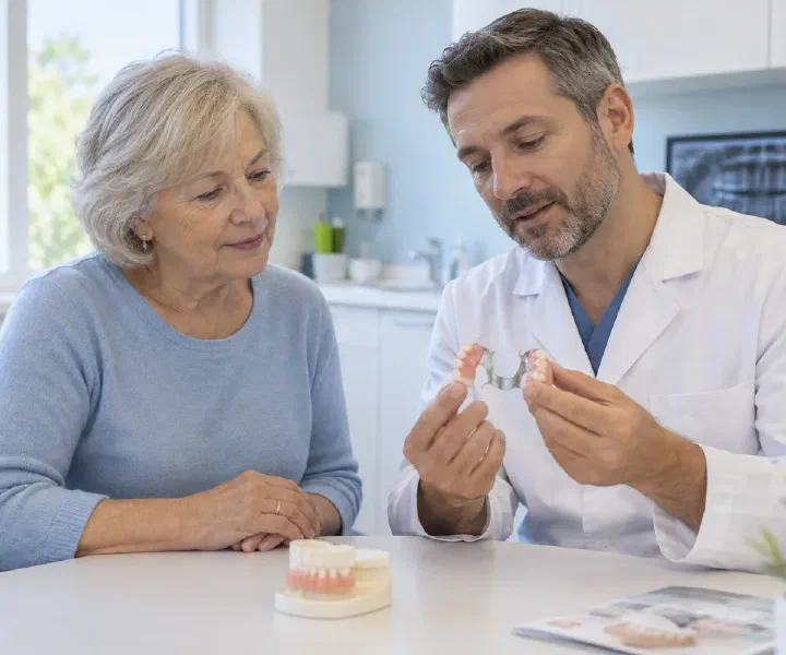 A dentist discussing a removable partial denture model with a patient