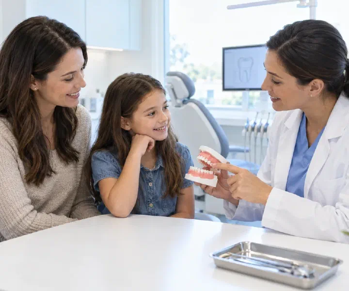 A parent and child reviewing a baby-tooth treatment plan with a dentist