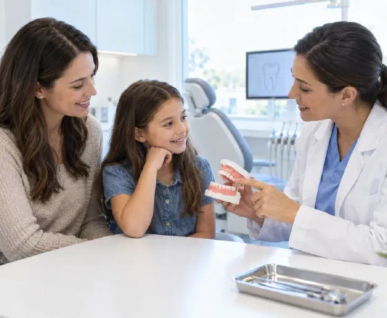 A parent and child reviewing a baby-tooth treatment plan with a dentist