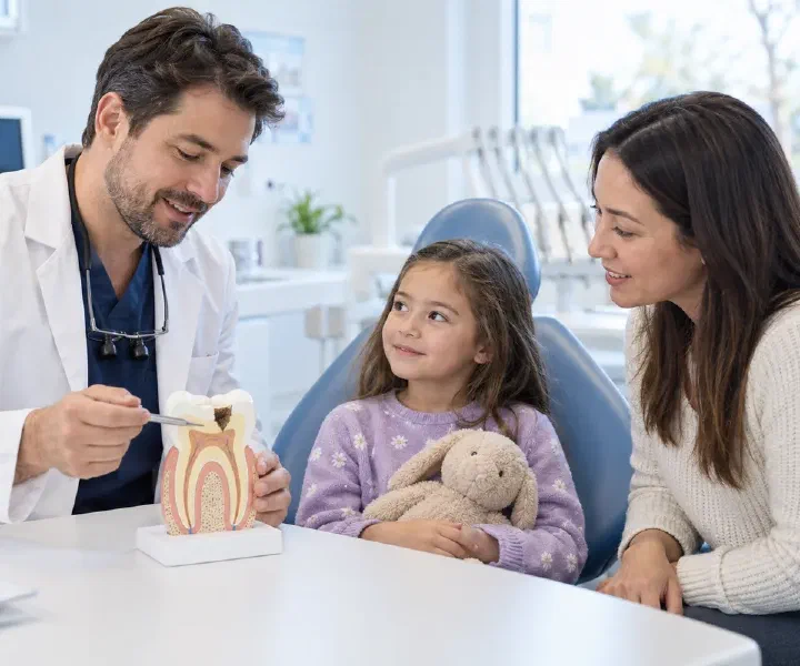 A dentist explaining baby-tooth treatment to a parent and child using a tooth model