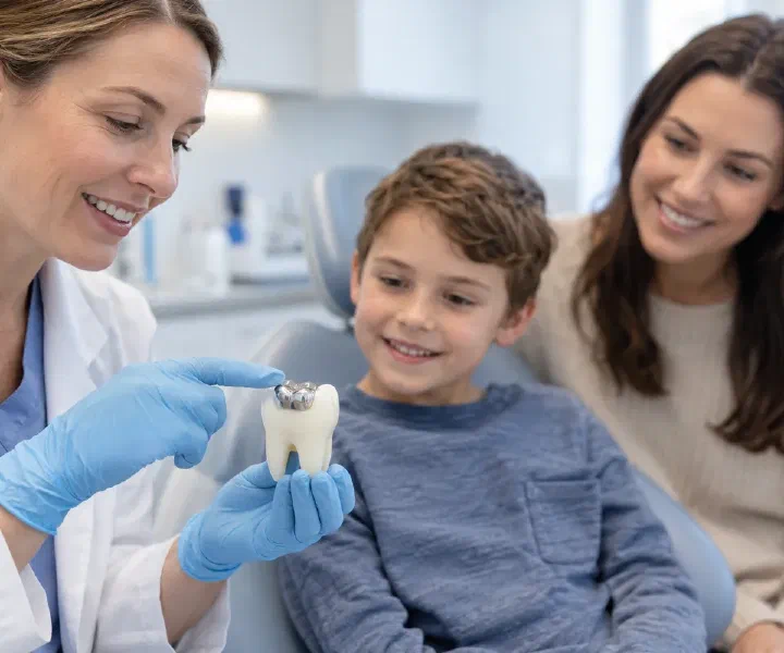 A dentist demonstrating a small silver crown on a molar teaching model