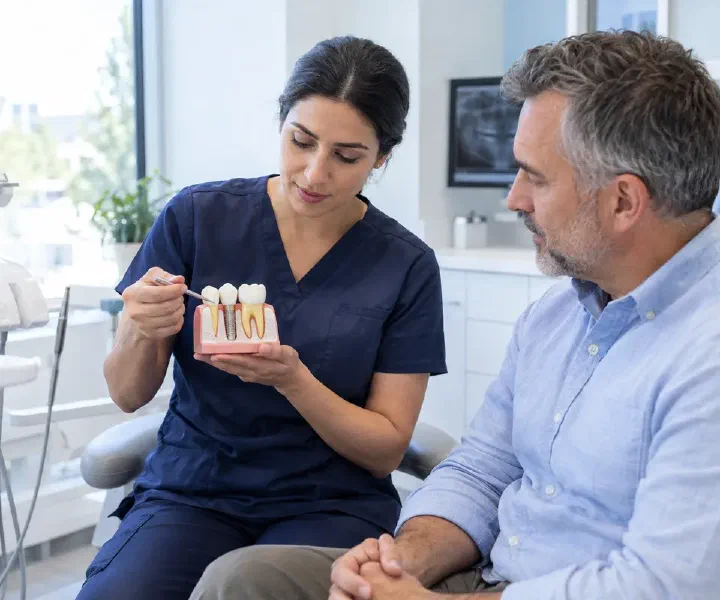 Patient and dentist reviewing implant gum health beside an implant model in a bright treatment room