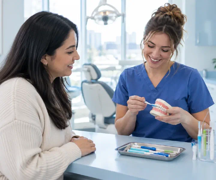 A returning patient reviewing gum maintenance and cleaning tools with a hygienist
