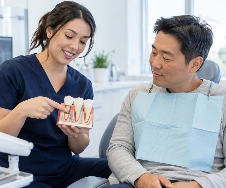 A hygienist explaining periodontal pocket findings using a tooth-support model