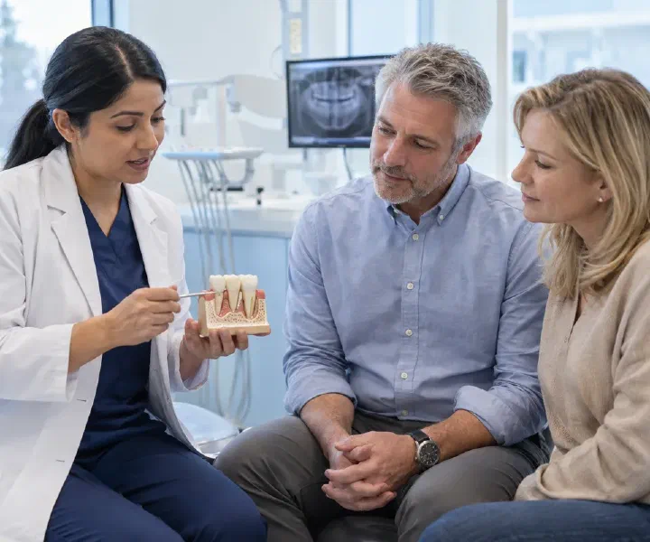 Dentist discussing gum support and periodontal treatment with an adult patient using a dental model