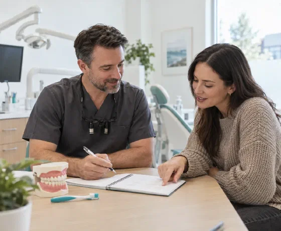 A dentist and patient making notes for a preventive care plan