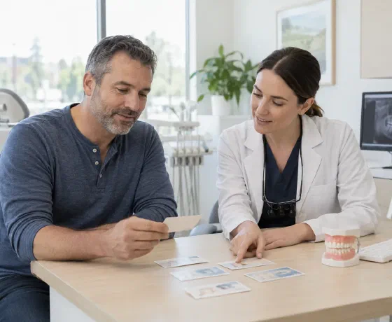 A patient and dentist arranging appointment cards during treatment planning