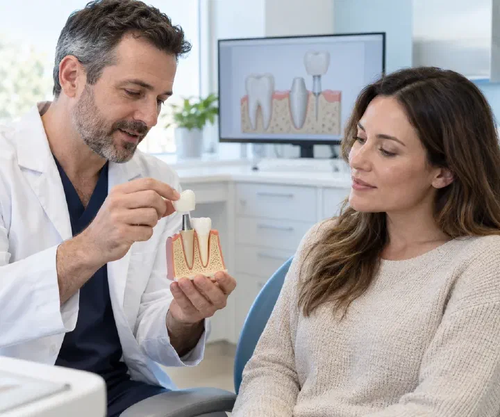 A dentist explaining the relationship between a post, core, and crown on a tooth model