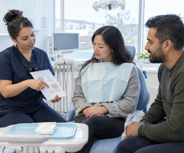 Dentist explaining written extraction aftercare to a seated patient in a calm clinic