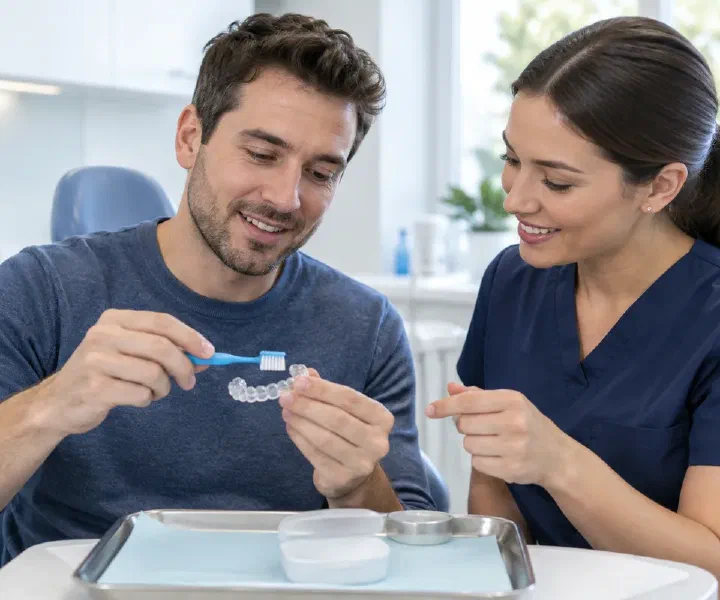An adult patient reviewing retainer care instructions at a dental appointment