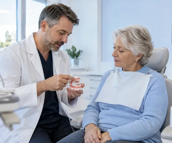 Dentist and older patient examining a jaw model while discussing the foundation for a denture