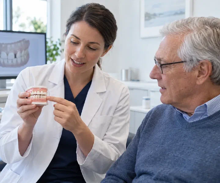 A dentist and older adult discussing tooth positions before restorative treatment