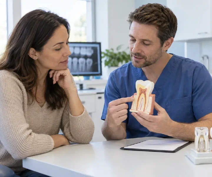 A dentist discussing premolar root canal anatomy using a tooth model