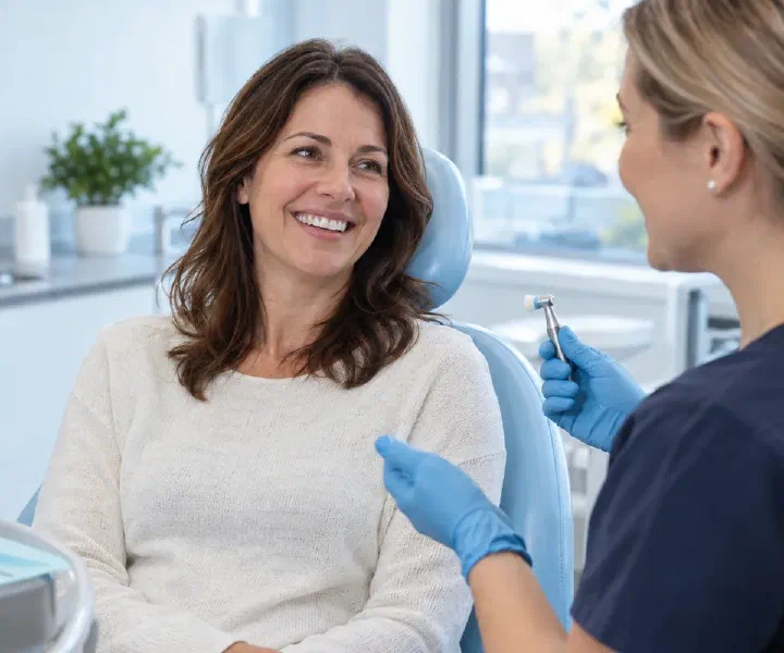A patient discussing professional surface stain removal with a dental clinician