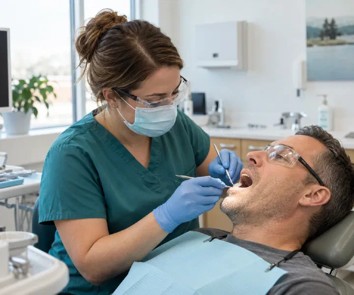 A hygienist using dental instruments during a professional cleaning