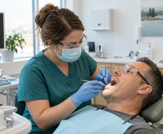 A hygienist using dental instruments during a professional cleaning