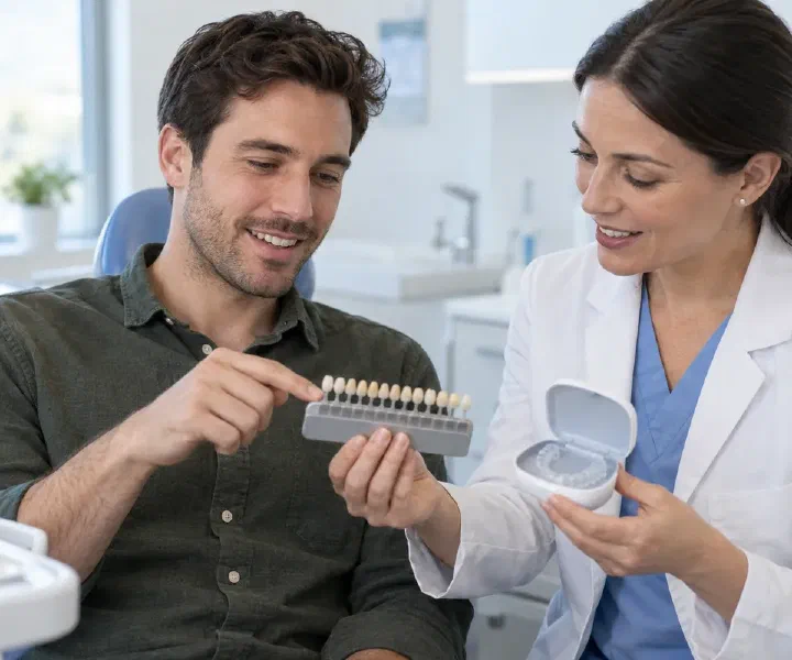 A dentist and patient comparing tooth shades while discussing professional whitening