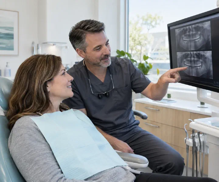 A dentist comparing dental images with a returning patient