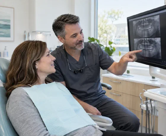 A dentist comparing dental images with a returning patient
