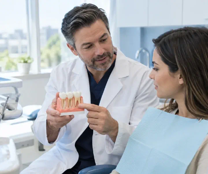 Dentist showing a patient the gum margin on a dental model during a recession assessment