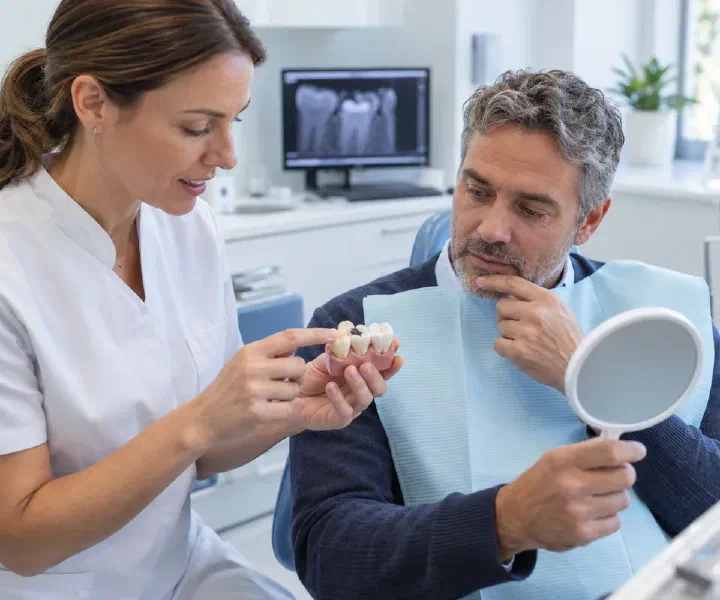 A dentist explaining repair options for a broken filling with a patient