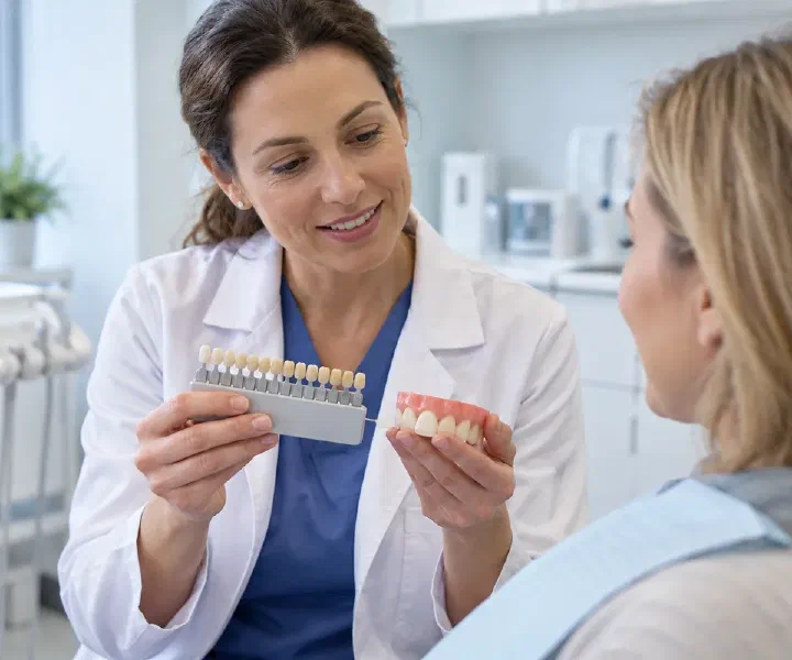 A dentist discussing the shade of an existing filling with a patient