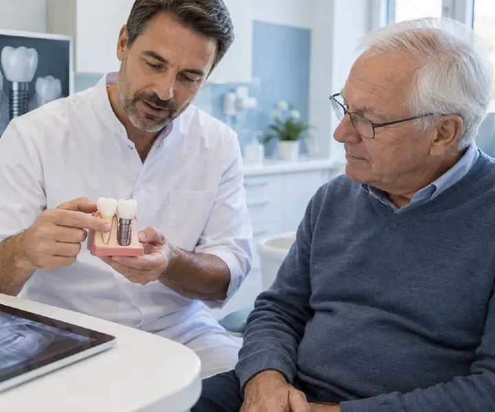 A dentist reviewing implant replacement planning and records with a patient