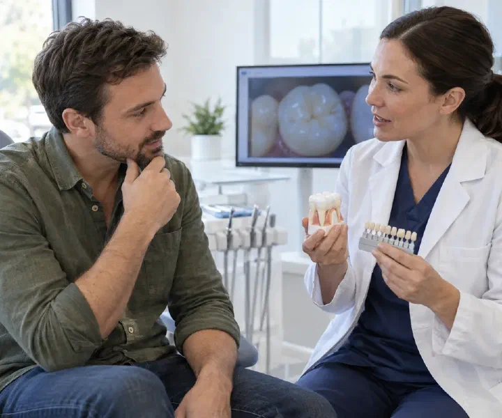 A dentist explaining the stages of replacing a metal filling to a patient