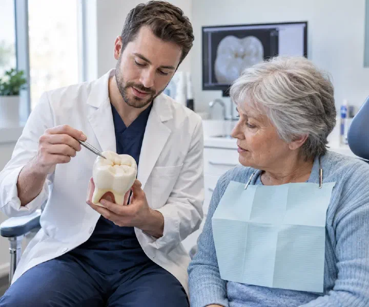 A patient discussing wear on existing fillings with a dentist
