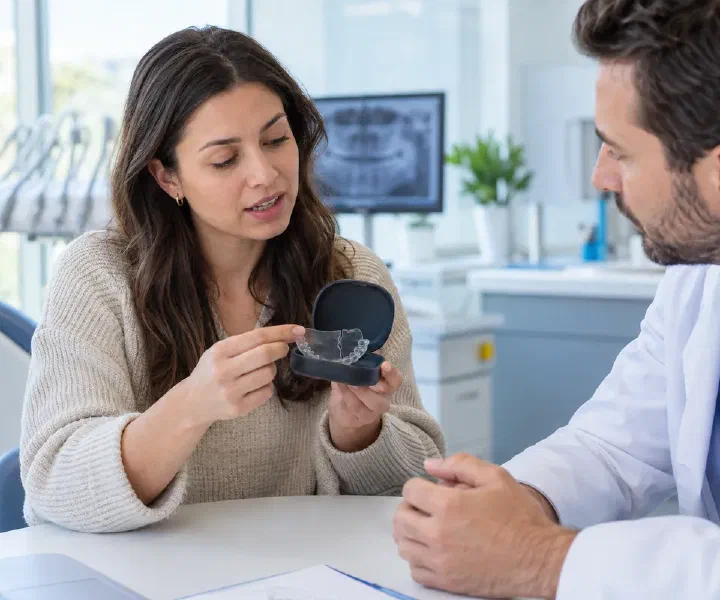 A patient showing a clear retainer to a dentist during a replacement assessment