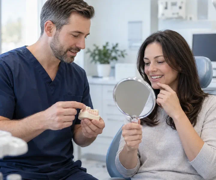 A dentist and patient examining a white enamel spot using a mirror and tooth model