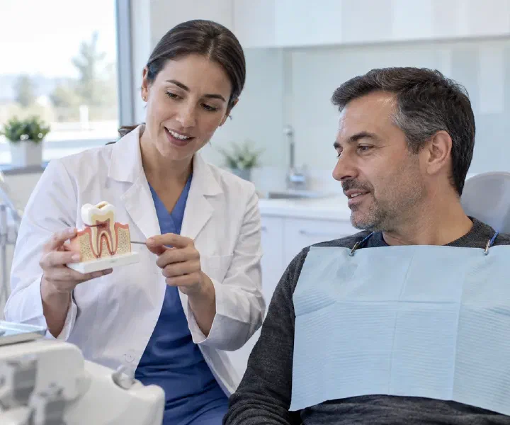 Dentist reviewing the position of a retained tooth root with a patient using a dental model